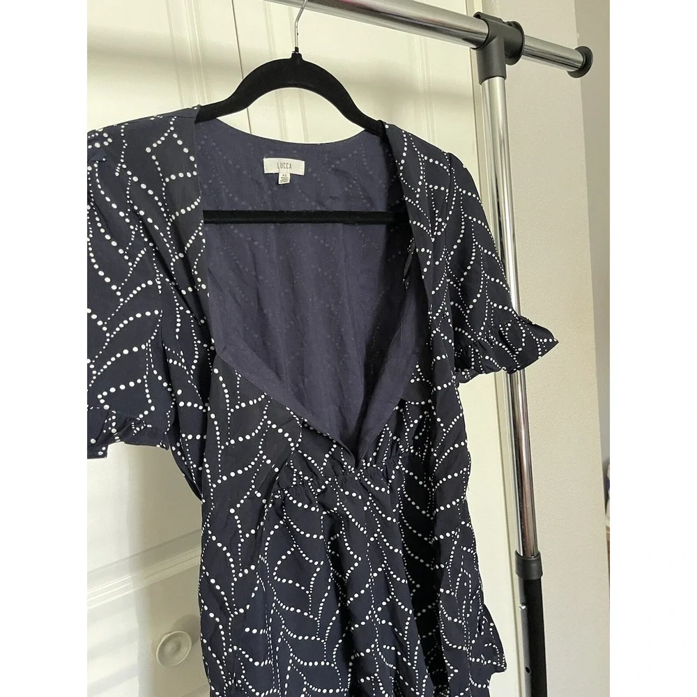 Lucca Women's Romper Navy Ruffle Tie Fun Summer‎